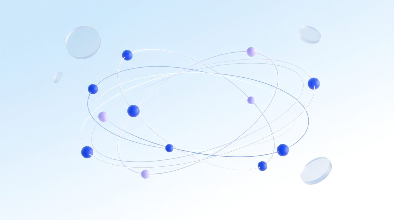 Abstract illustration of glowing blue nodes connected in orbital rings on a bright sky background