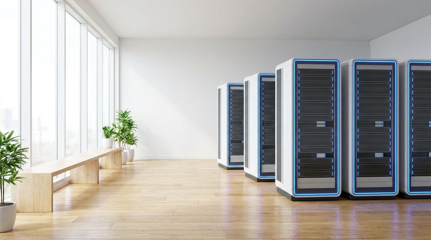Bright modern server room with white racks and blue LED accents in Scandinavian style