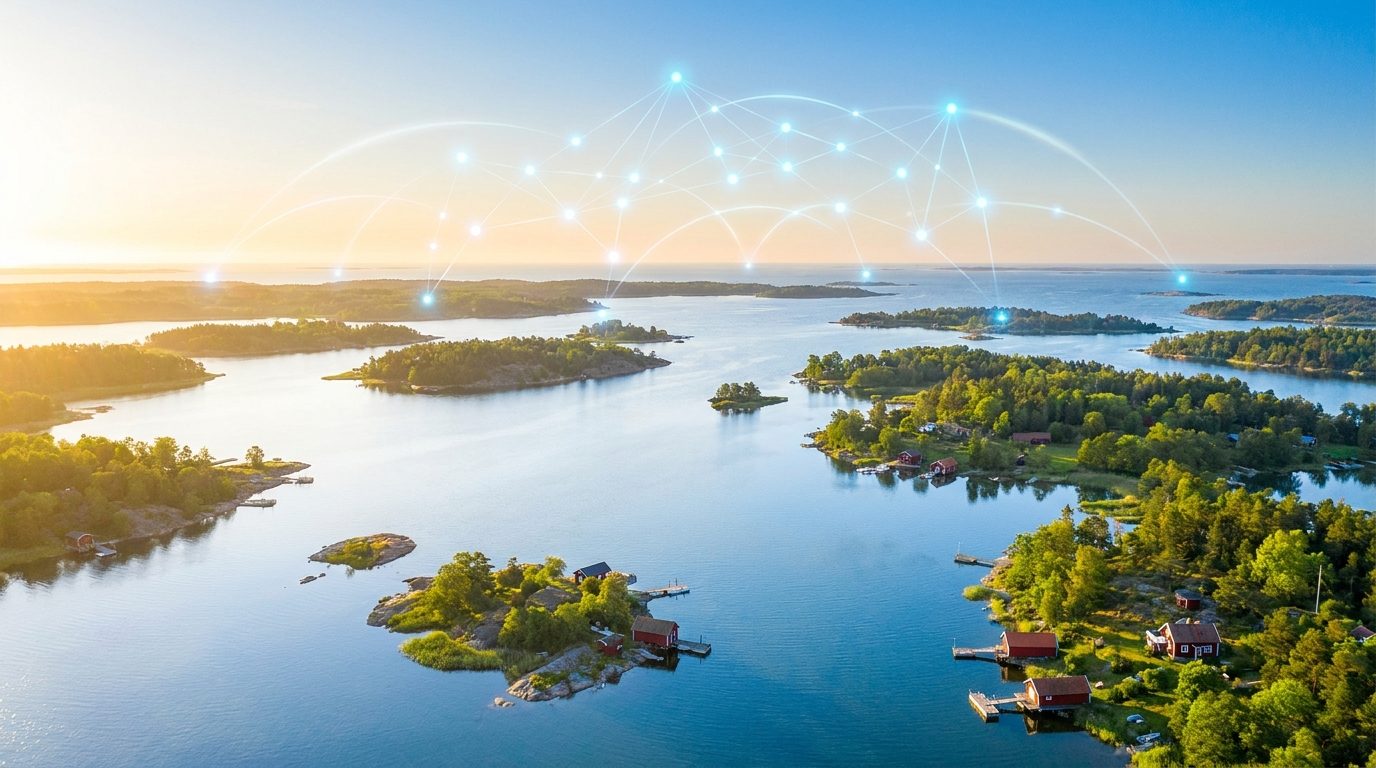 Bright aerial view of the Swedish archipelago with a glowing network of connected nodes above the horizon